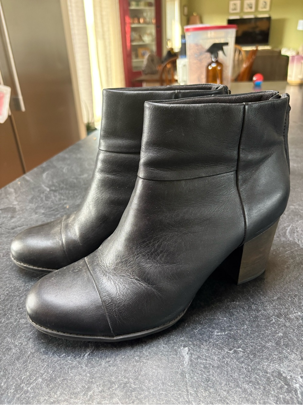 Clarks Black Leather Ankle Booties with Block Heel